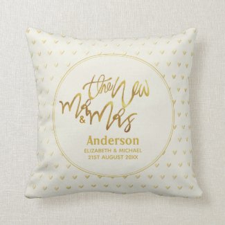 Mr & Mrs Wedding Decor Gift Gold Love Hearts Throw Pillow