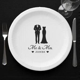 Mr & Mrs Wedding Dress Tuxedo Newlywed Couple Paper Plates
