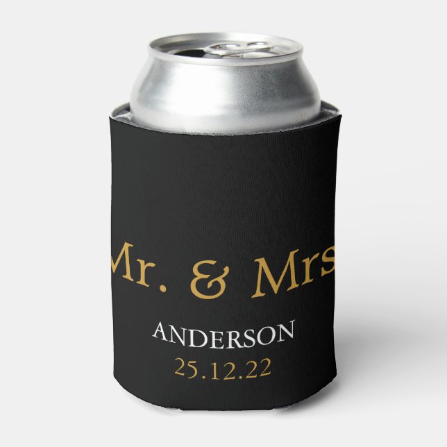 Mr. & Mrs. Wedding Favor Gold Glitter Can Cooler (Can Front)