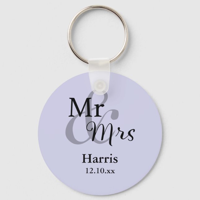 Mr & Mrs Wedding Favor Keyring Name/Date (lilac) (Front)