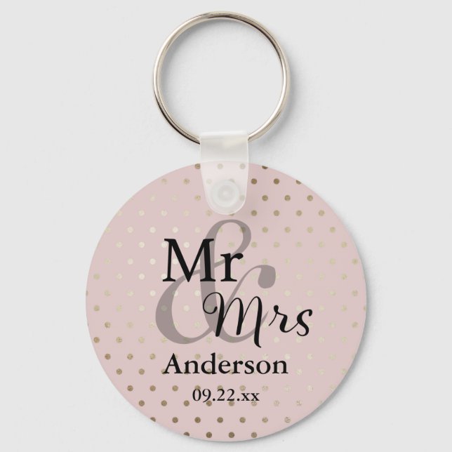 Mr & Mrs Wedding Favor Keyring Name/Date Rose Gold (Front)