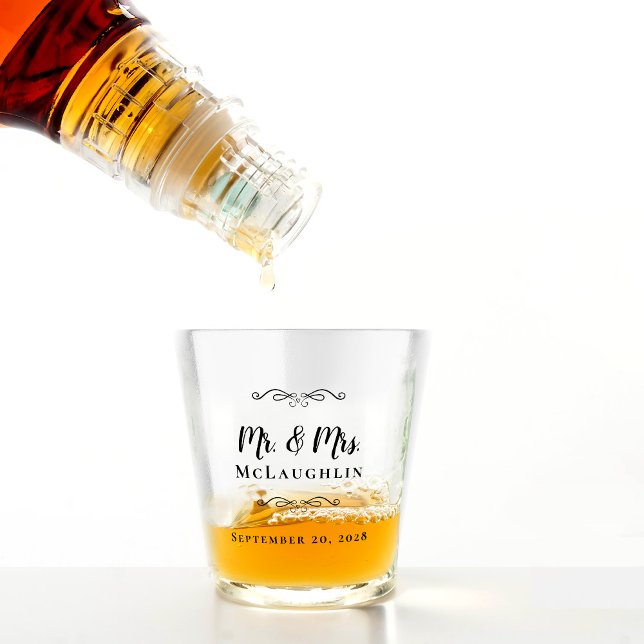 Mr & Mrs Wedding Favor Name Date Monogrammed Black Shot Glass (Mr & Mrs Wedding Favor Name Date Monogrammed Black Shot Glass)