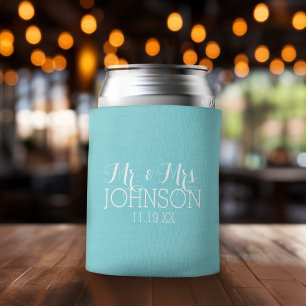 Mr & Mrs Wedding Favor - Pastel Teal Blue Can Cooler