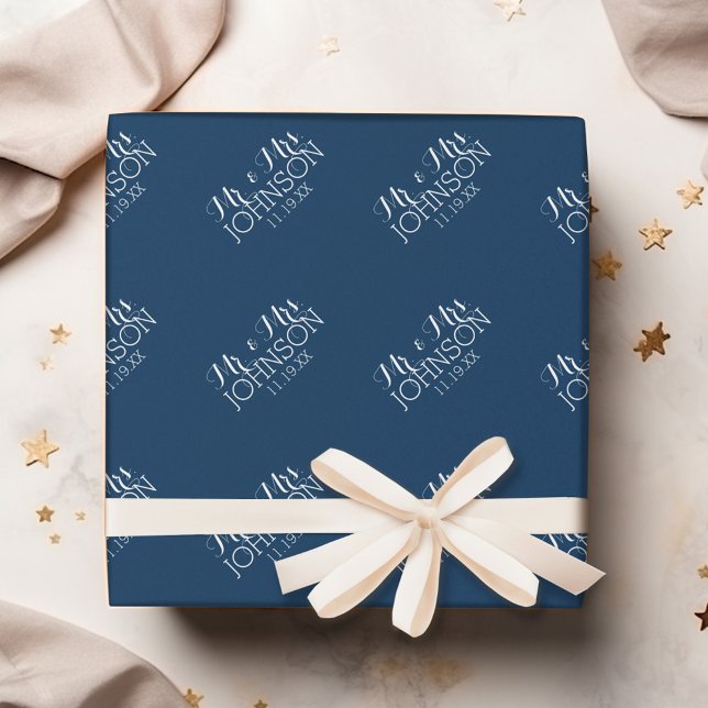Mr & Mrs Wedding Favor Solid Color Navy Blue Wrapping Paper (Personalized Wedding Anniversary Wrapping Paper)