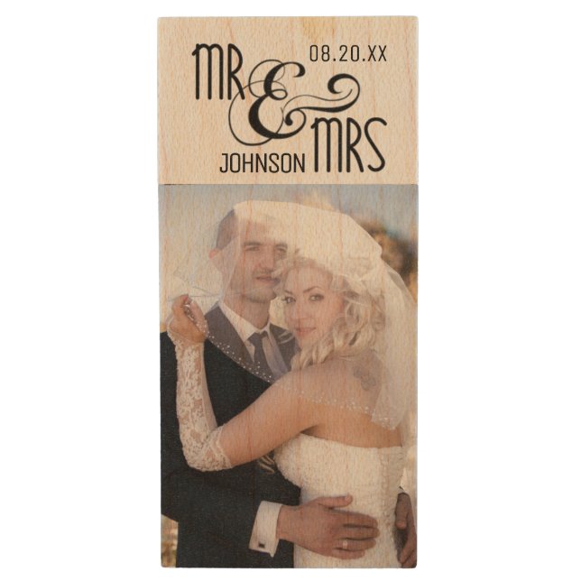MR & MRS, Wedding Keepsake, 2 Photos Wood Flash Drive (Front Vertical)