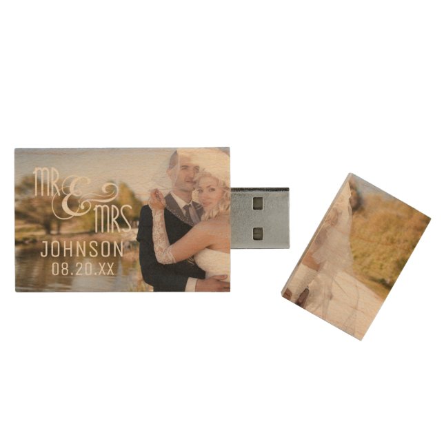 MR & MRS, Wedding Keepsake, 2 Photos Wood USB Flash Drive (Opened)
