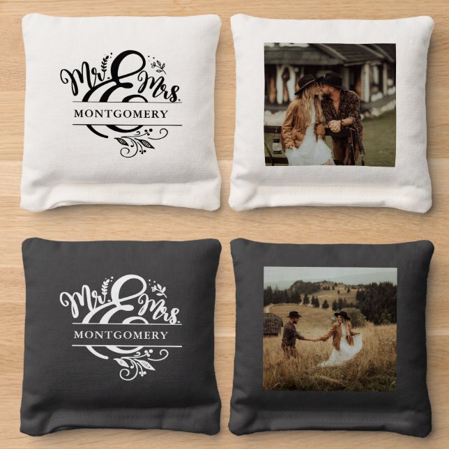 Mr. & Mrs. | Wedding Monogram and Photos Cornhole Bags (Wood)