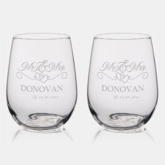 Mr & Mrs Wedding Monogram Name Custom Etched Stemless Wine Glass