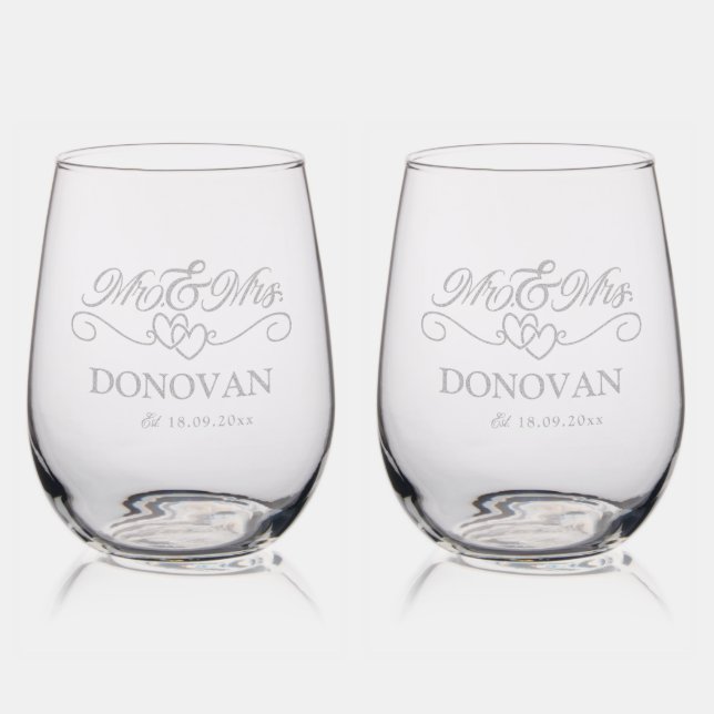 Mr & Mrs Wedding Monogram Name Custom Etched Stemless Wine Glass (Glassware)