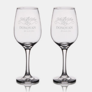 Mr & Mrs Wedding Monogram Name Custom Etched Wine Glass