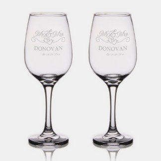 Mr & Mrs Wedding Monogram Name Custom Etched Wine Glass