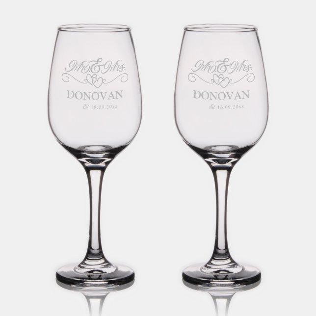 Mr & Mrs Wedding Monogram Name Custom Etched Wine Glass (Glassware)