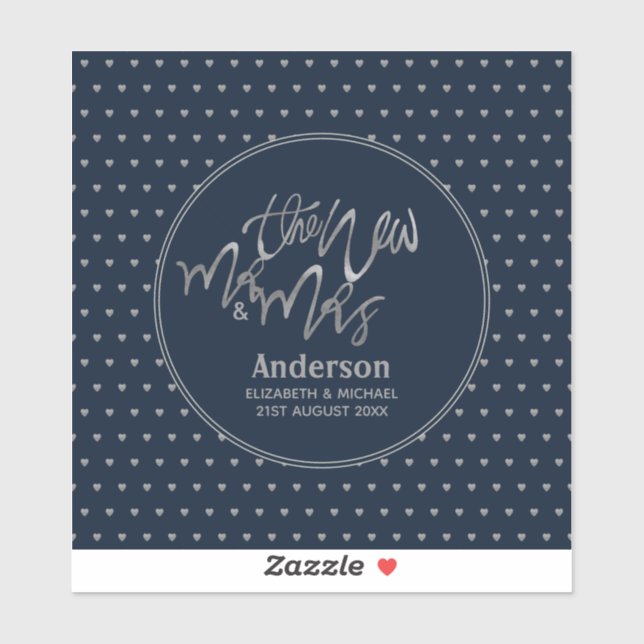Mr & Mrs Wedding Navy Blue Silver Love Hearts Sticker (Sheet)