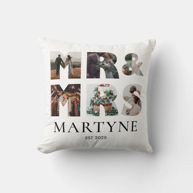 Mr & Mrs Wedding Photo Collage Personalized Throw Pillow (Front)