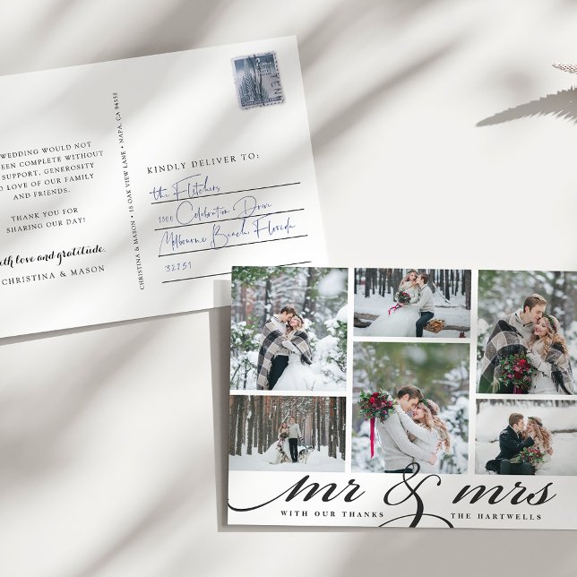Mr. & Mrs. | Wedding Photo Collage Thank You Postcard (Creator Uploaded)