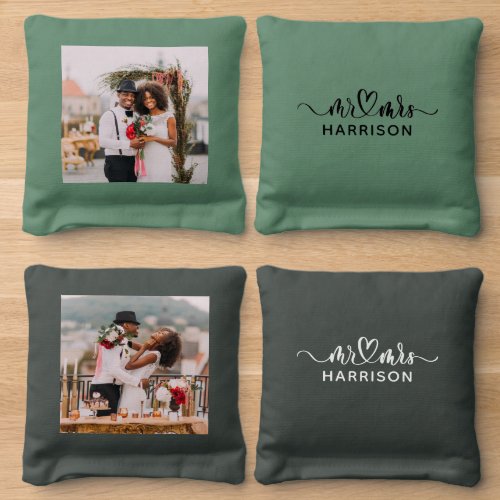 Mr  Mrs Wedding Photo Cornhole Bags