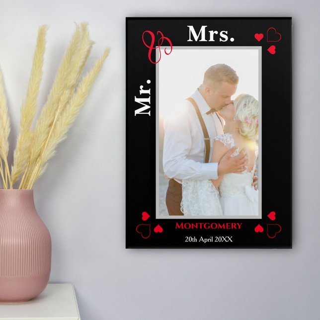 Mr. & Mrs. Wedding Photo Date Black and Red Acrylic Print (Creator Uploaded)