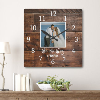 Mr & Mrs Wedding Photo Rustic Farmhouse Dark Wood Square Wall Clock