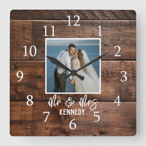 Mr & Mrs Wedding Photo Rustic Farmhouse Dark Wood  Square Wall Clock
