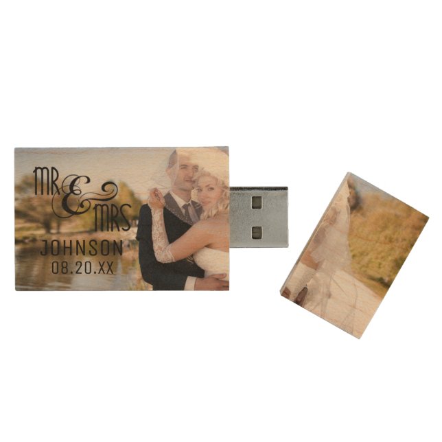 MR & MRS Wedding Photos Personalized Keepsake Wood Flash Drive (Opened)