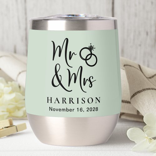 Mr Mrs Wedding Sage Green Thermal Wine Tumbler