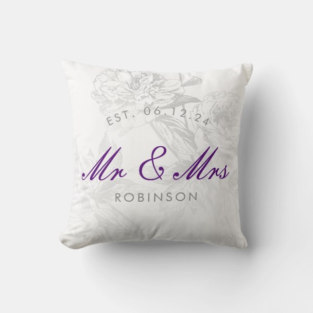 Mr & Mrs Wedding Simple Floral Silver Purple Throw Pillow (Front)