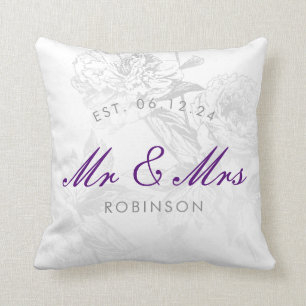 Mr & Mrs Wedding Simple Floral Silver Purple Throw Pillow