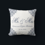 Mr. & Mrs. Wedding White Blue Elegant Script Throw Pillow<br><div class="desc">Make a beautiful personalized newlywed gift that features their names and the date of the wedding. The elegant white and blue design is decorated with a lace look pattern and contains script words Mr. & Mrs.</div>