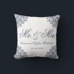 Mr. & Mrs. Wedding White Blue Elegant Script Throw Pillow<br><div class="desc">Make a beautiful personalized newlywed gift that features their names and the date of the wedding. The elegant white and blue design is decorated with a lace look pattern and contains script words Mr. & Mrs.</div>