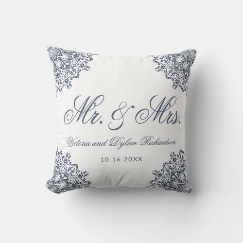 Mr  Mrs Wedding White Blue Elegant Script Throw Pillow