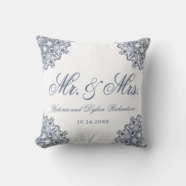 Mr. & Mrs. Wedding White Blue Elegant Script Throw Pillow (Front)