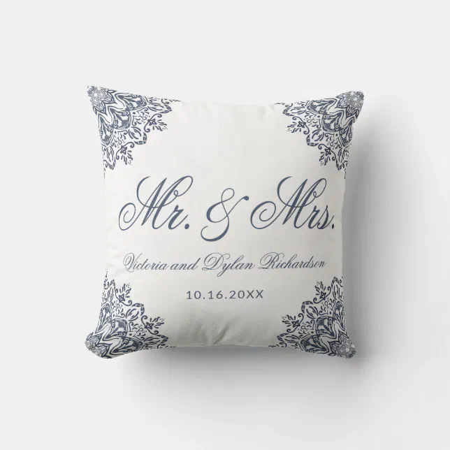 Mr. & Mrs. Wedding White Blue Elegant Script Throw Pillow | Zazzle