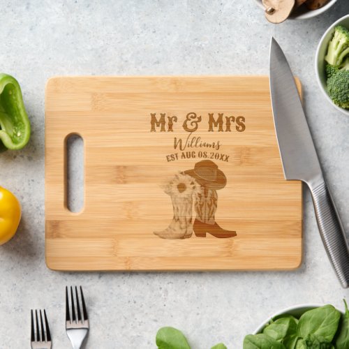 Mr Mrs Western Wedding Anniversary Family Name Est Cutting Board