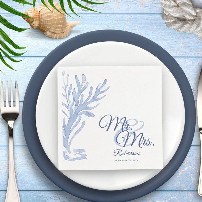 Mr & Mrs White and Blue Elegant Nautical Wedding Napkins (Creator Uploaded)