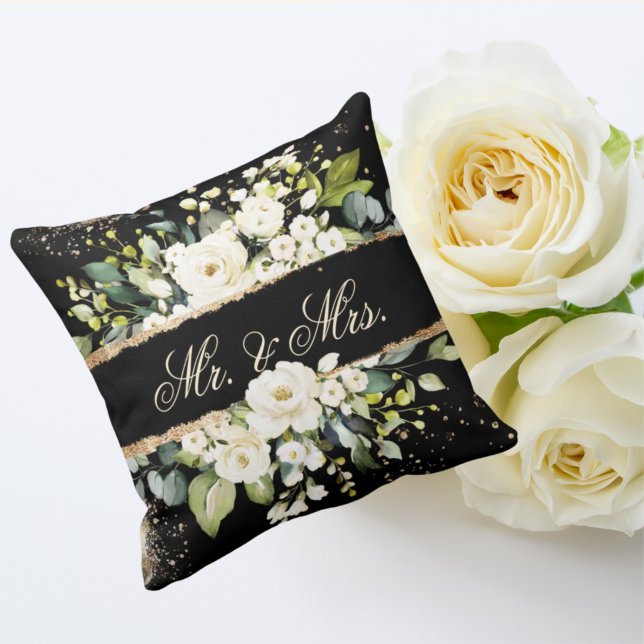 Mr & Mrs White Gold Botanical Floral Black Rustic  Throw Pillow (Creator Uploaded)