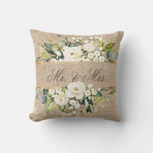 Mr  Mrs White Gold Botanical Floral Linen Rustic Throw Pillow