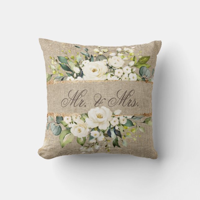 Mr & Mrs White Gold Botanical Floral Linen Rustic Throw Pillow (Front)