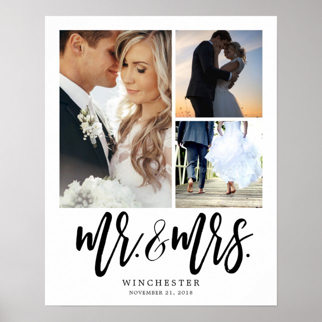Mr. & Mrs. White Script 3 Photo Collage Poster (Front)