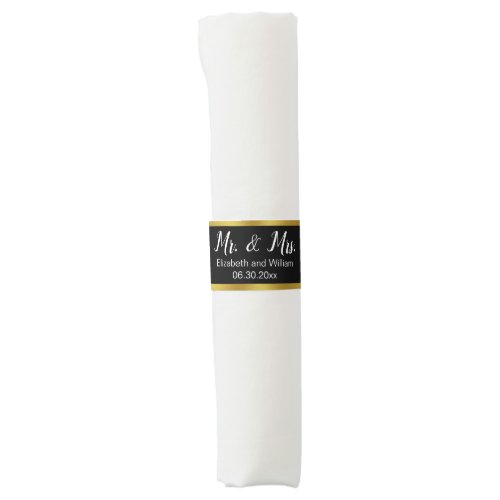 Mr  Mrs White Script Text Names Black  Gold Napkin Bands