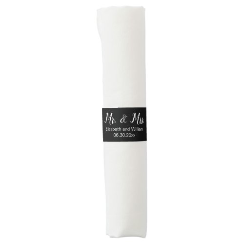 Mr  Mrs White Script with Text Names on Black Napkin Bands