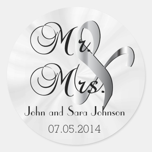 Mr & Mrs White Wedding | Personalize Classic Round Sticker (Front)