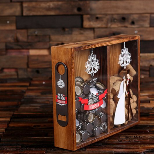 Mr & Mrs Wine Opener and Dual Pine Wood Shadow Box (Front Left)