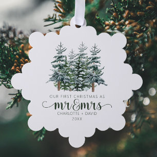 Mr &Mrs Winter Forest Watercolor Christmas Ornament Card