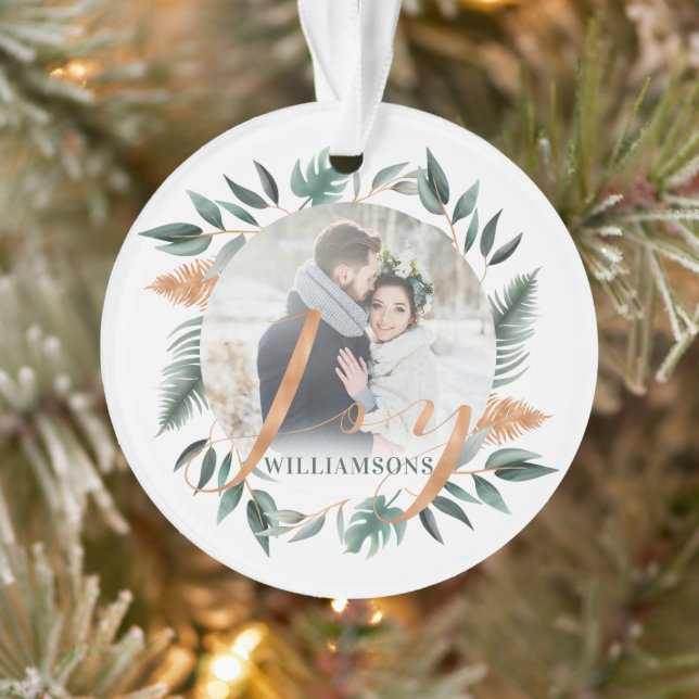 Mr & Mrs | Winter Sage Greenery & Copper Two Photo Ornament (Tree)