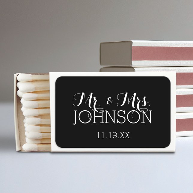 Mr. & Mrs. with Bride Groom Modern Script Wedding Matchboxes (Anniversary Matchbox)