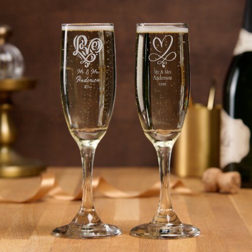 Mr Mrs Year Name Love Heart etching engrave Champagne Flute