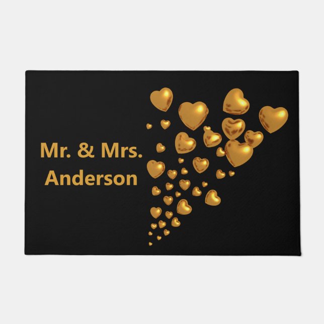 Mr & Mrs Your Last Name Just Married Golden Hearts Doormat (Front)