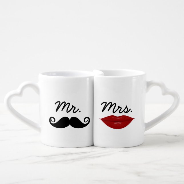 Mr. Mustache and Mrs. Lips with custom monogram Coffee Mug Set (Front Nesting)