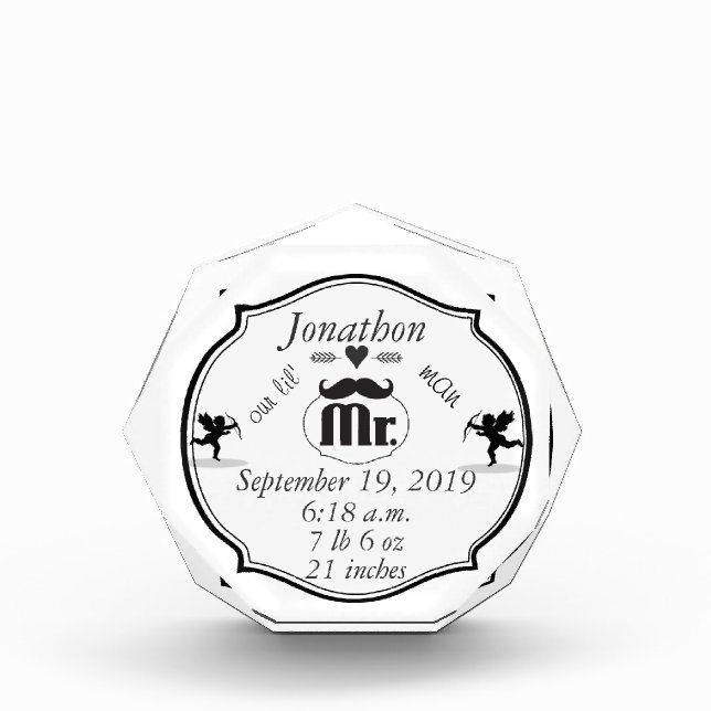 Mr. Mustache Lil Man Baby Boy Stats Acrylic Award (Front)