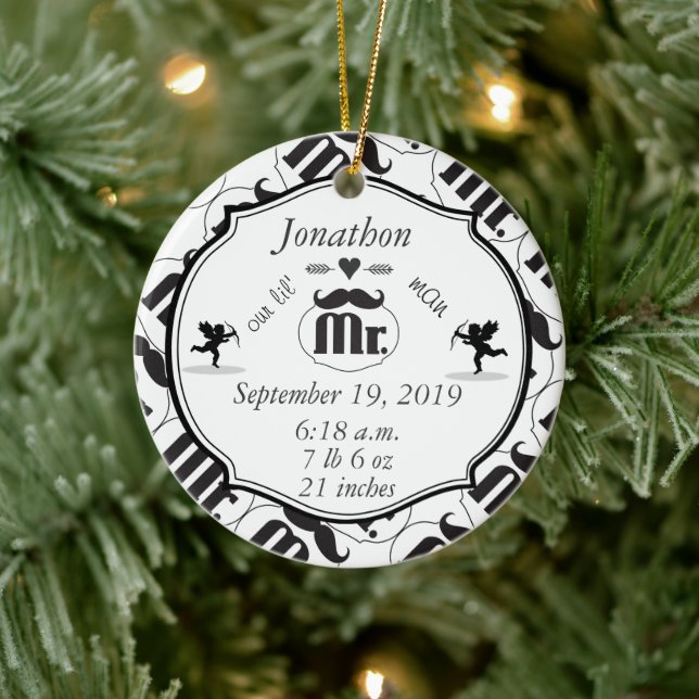 Mr. Mustache Lil Man Baby Boy Stats Ceramic Ornament (Tree)